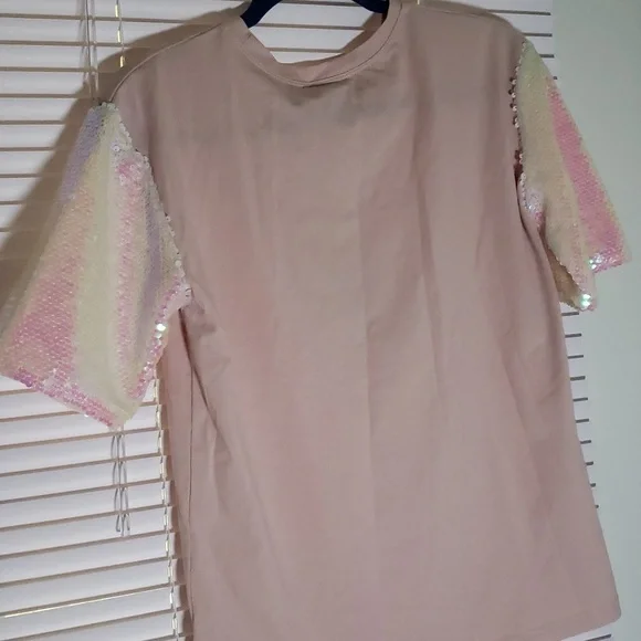 Why Dress Sequin Sleeve Screen Printed T-Shirt Pink- Small - Picture 12 of 15